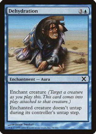 Dark-haired figure in tattered clothes on sandy ground, blue and black card art.