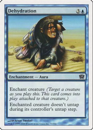 Dark-haired figure in armor lies on sand, blue and green card art.