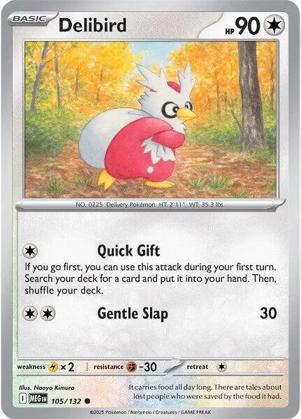 White and red bird Pokémon card, Delibird, with forest background art.