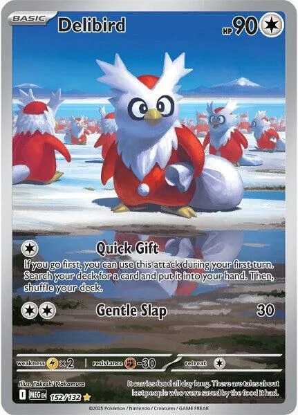 White and red bird Pokémon card, Delibird, with HP 90.