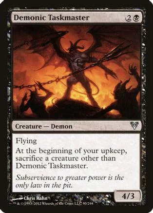 Dark demon figure in fiery scene on a black card. Creature card art.