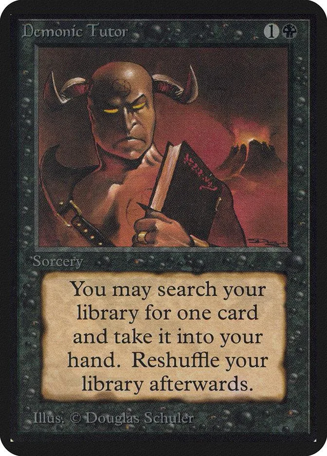 Dark-skinned demon figure with horns holding a book on a Magic: The Gathering card.