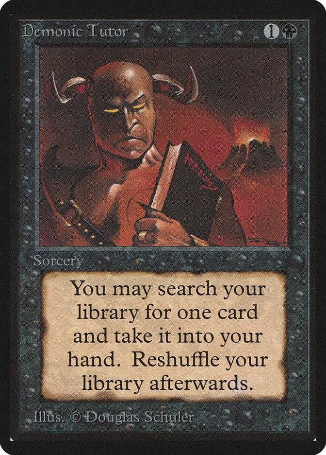 Dark-skinned demon with horns holds a book on a Magic: The Gathering card.