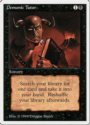 Dark, horned figure on a Magic: The Gathering "Demonic Tutor" card.