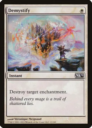 Magic: The Gathering card, Demystify, featuring a fiery, chaotic landscape art.