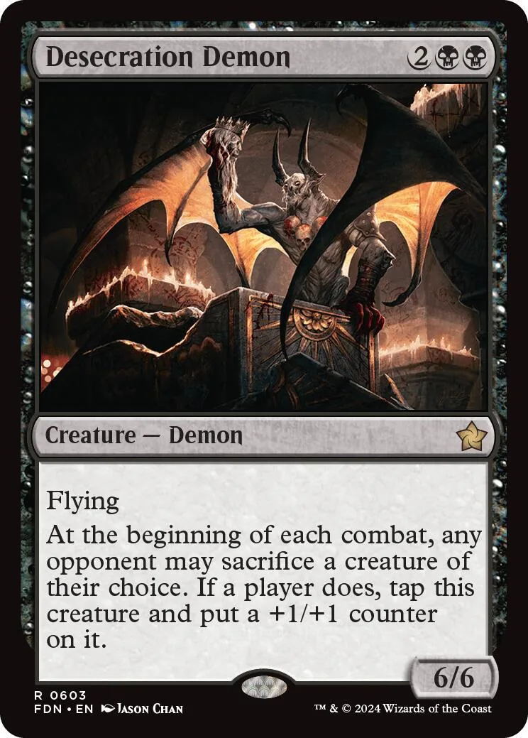 Dark demon creature card with black and orange artwork, showing a large winged figure.
