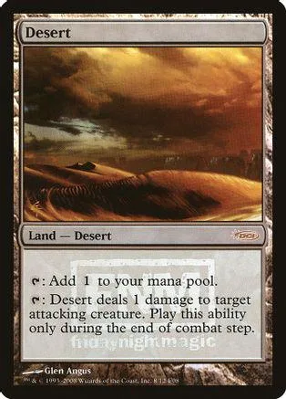 Desert land card art showing orange and brown desert landscape under cloudy sky.