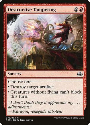 Magic: The Gathering card, "Destructive Tampering," featuring purple and orange fantasy art.