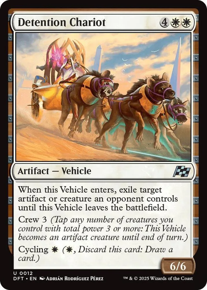 Card art shows chariot pulled by four dark horses across a desert landscape.