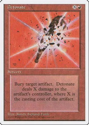 Magic: The Gathering card, "Detonate," orange and white art, showing an exploding object.