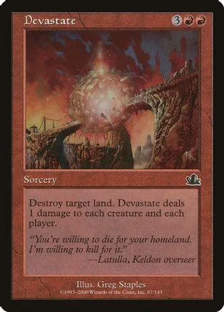 Magic: The Gathering card, Devastate, dark fantasy art, black and orange tones.