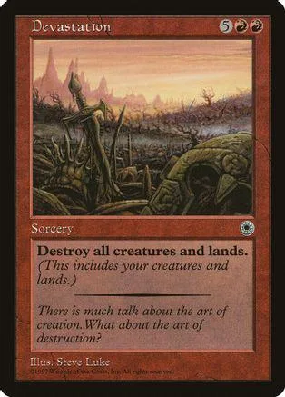 Magic: The Gathering card, Devastation, showing a desolate, fiery landscape.