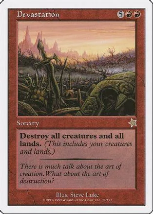 Magic: The Gathering card, Devastation, showing desolate landscape art.