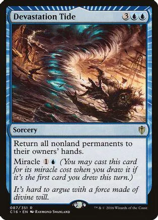 Blue and brown magical wave engulfs dark, chaotic scene on card.