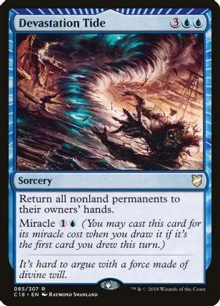 Blue and dark fantasy art card: Devastation Tide, Sorcery.