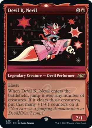 Red and black card featuring a devil figure in a pink costume.