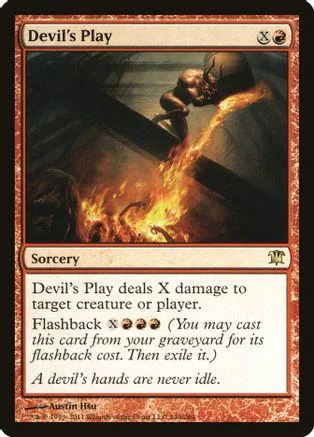 Dark demon figure engulfed in fire on a Magic: The Gathering card.