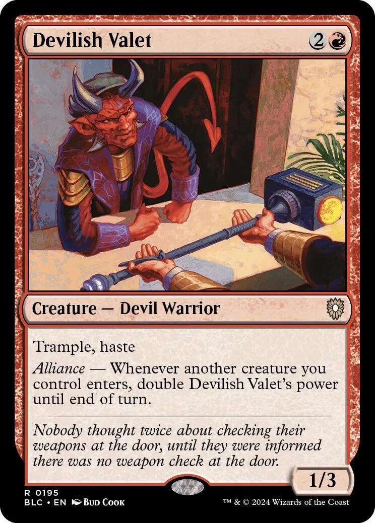 Red-skinned devil character in purple robe holding a staff, on a trading card.