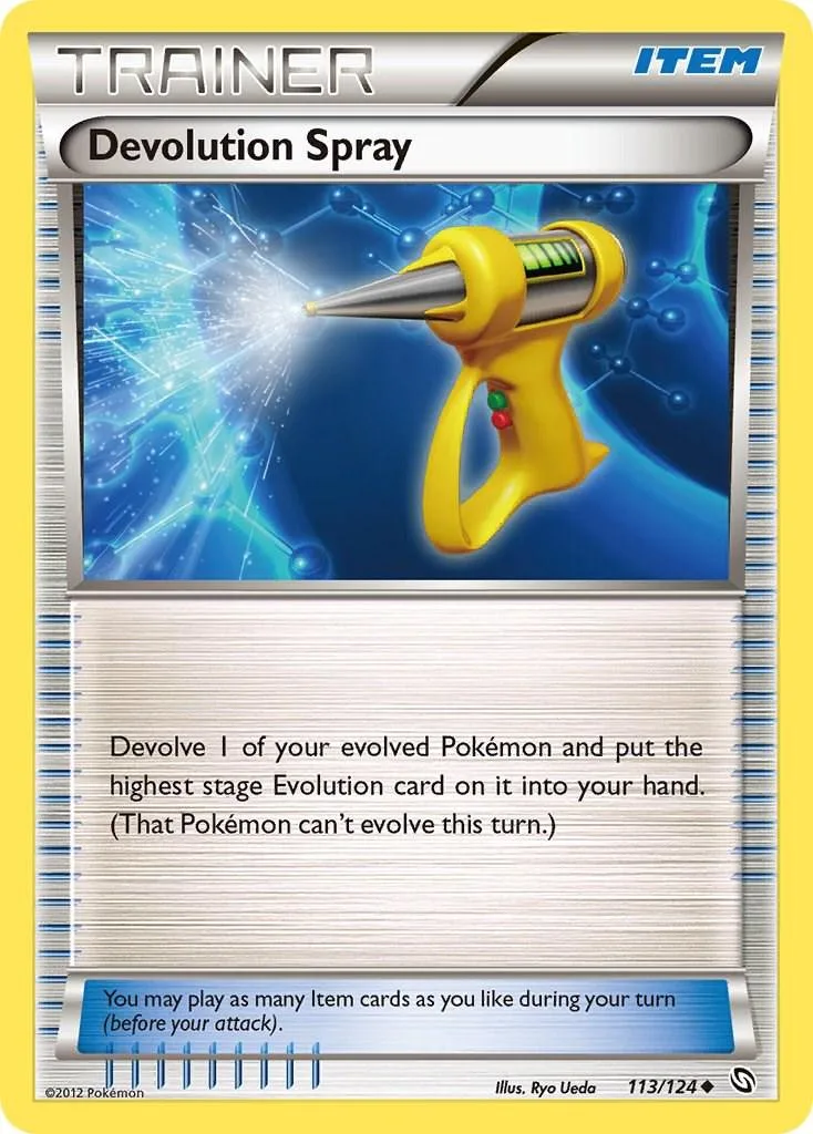 Yellow spray can graphic on a Trainer Devolution Spray Pokémon card.