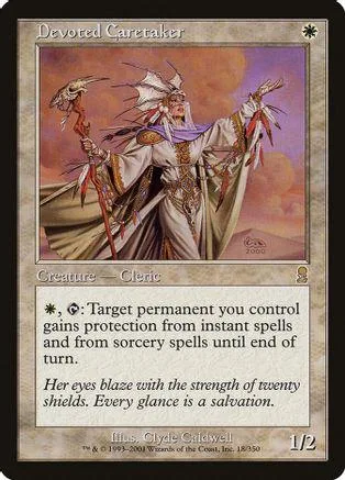 White-robed figure with feathered headdress holding a bird on a fantasy card.