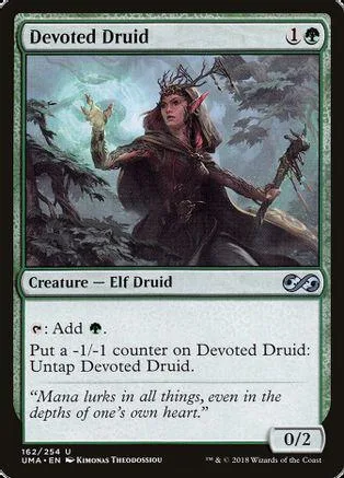 Elf druid in dark forest, holding staff, on a Magic: The Gathering card.