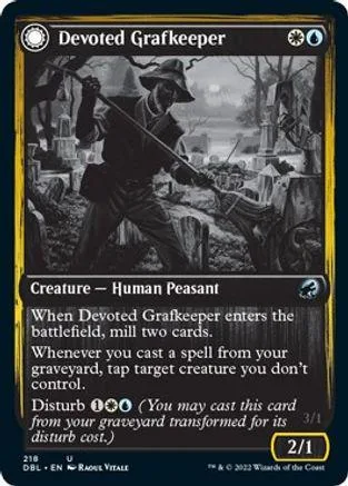 Man with scythe in graveyard scene, black and white card art.
