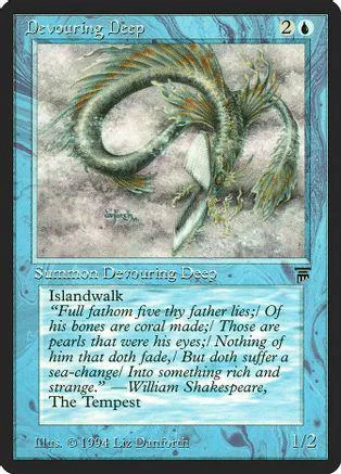 Green, scaly sea creature illustration on a dark blue collectible card.