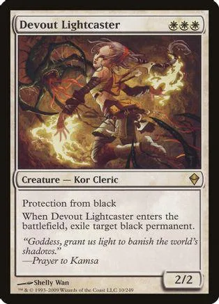 Card art depicts a figure in fiery, dark, and golden tones. Devout Lightcaster card.