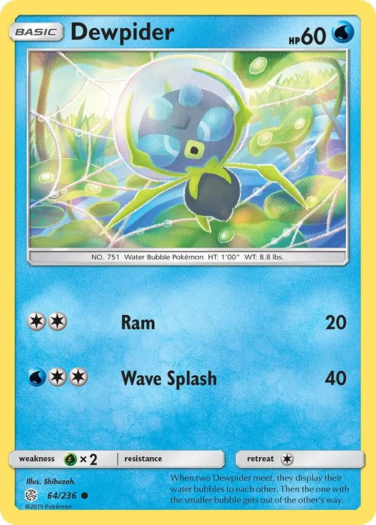 Blue and black Dewpider Pokémon card, holographic art, basic type.