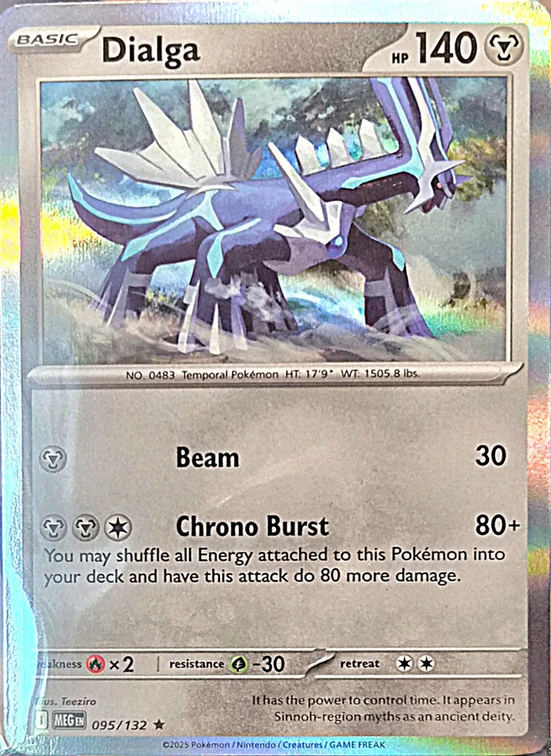 Blue and white dragon Pokémon card, Dialga, with attack details visible.