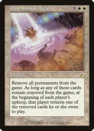 Magic: The Gathering card, Dimensional Breach, purple and brown fantasy art.