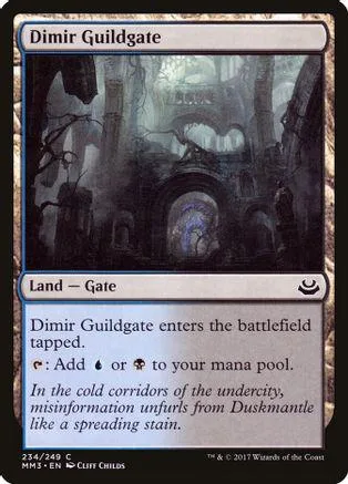 Black and gray Magic: The Gathering card, Dimir Guildgate, showing an eerie, dark castle interior.