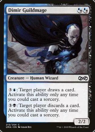 Wizard in dark cloak casting blue magic on a Magic: The Gathering card.