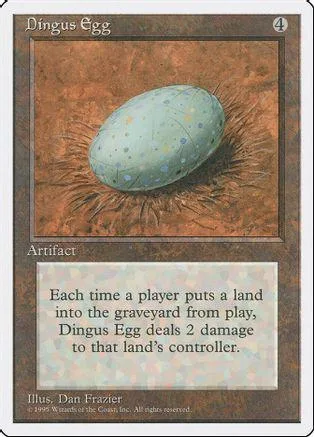 Blue speckled egg resting in brown nest on a collectible card.