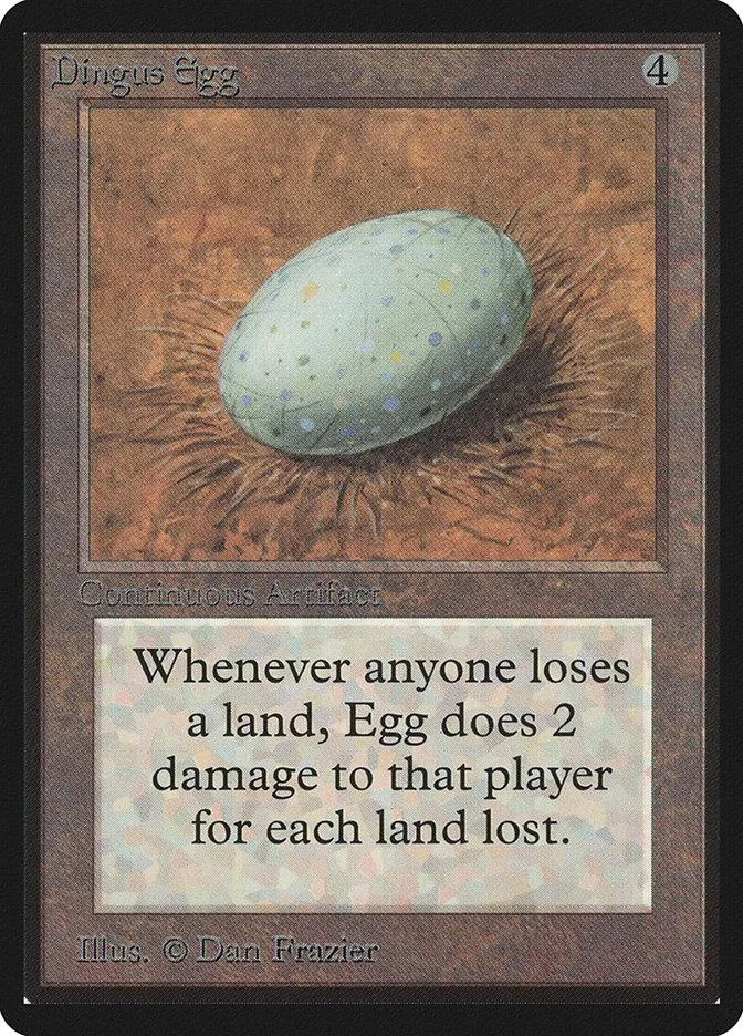 Light blue speckled egg on brown textured background, Magic: The Gathering card.