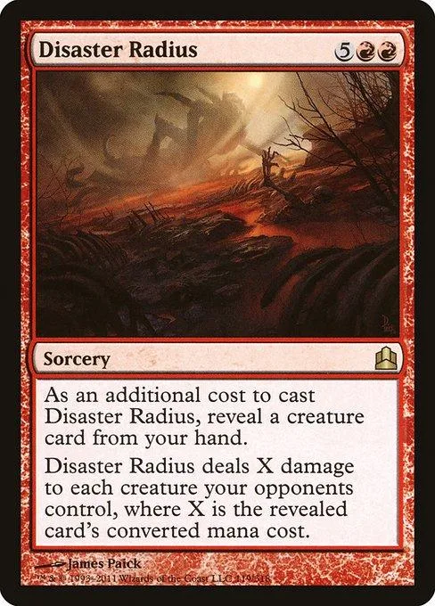 Dark fantasy art card: Disaster Radius, featuring a fiery, desolate landscape.