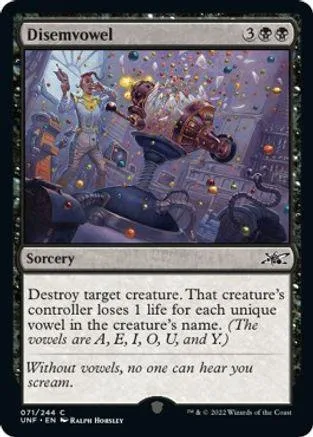 Magic: The Gathering card, Disemvowel, featuring chaotic, colorful art.