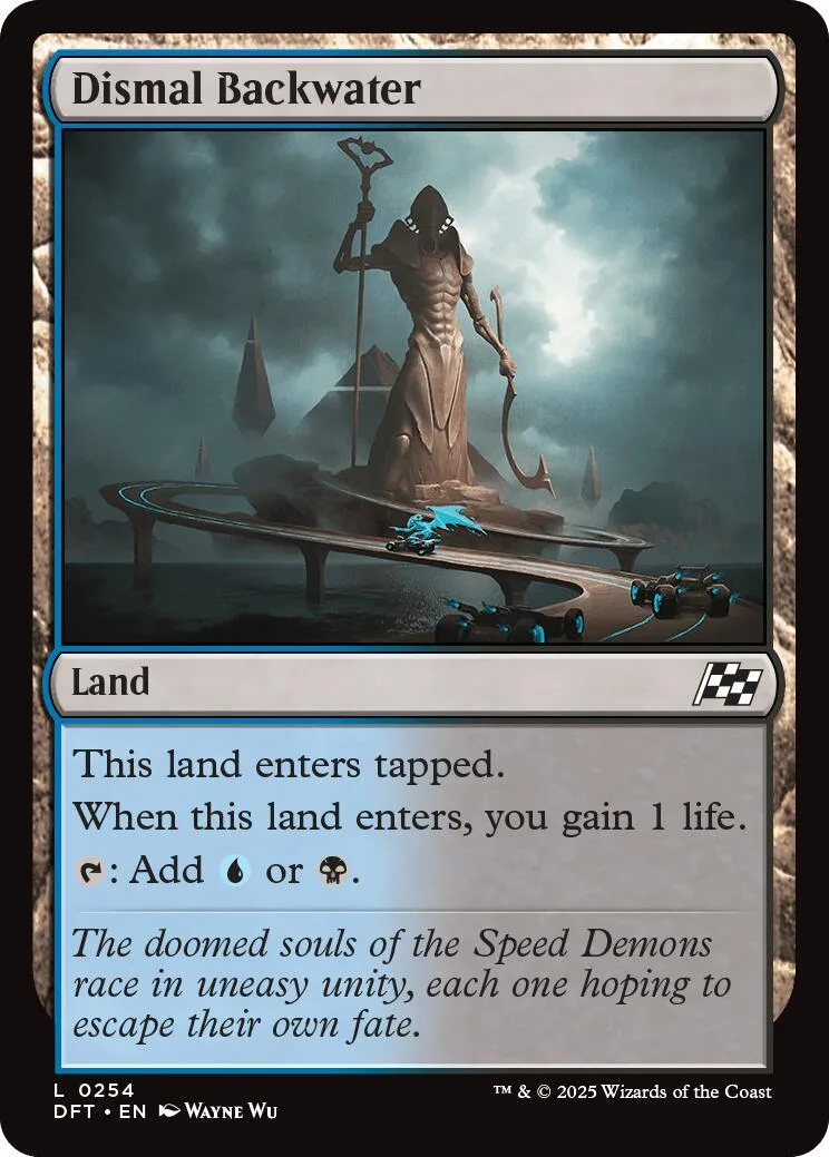 Dark figure on a misty, watery landscape. Magic: The Gathering land card.