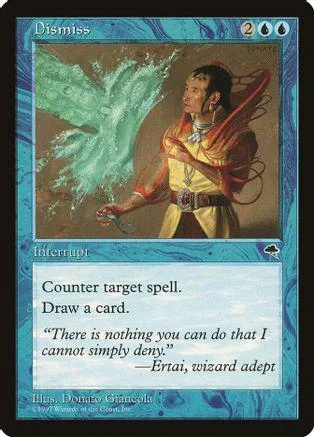 Wizard in orange robes casting green spell, "Dismiss" Magic: The Gathering card.