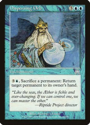 Wizard with long white beard holding glowing orb on blue card.