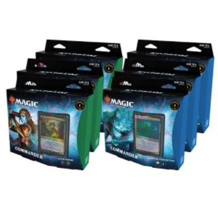 Two Magic: The Gathering Commander booster boxes, sealed, black and blue packaging.