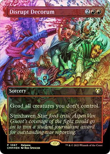 Magic: The Gathering card, Disrupt Decorum, fantasy art, purple and green tones.