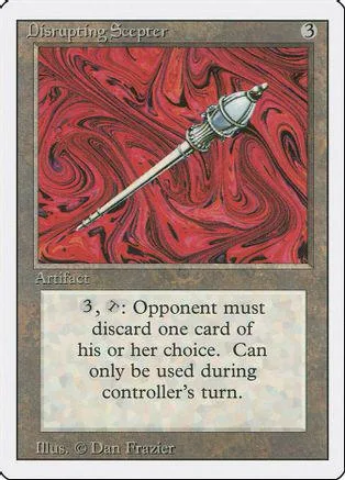 Silver scepter on red marbled background, Magic: The Gathering card.