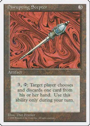 Silver scepter on swirling red and black background. Magic: The Gathering card.