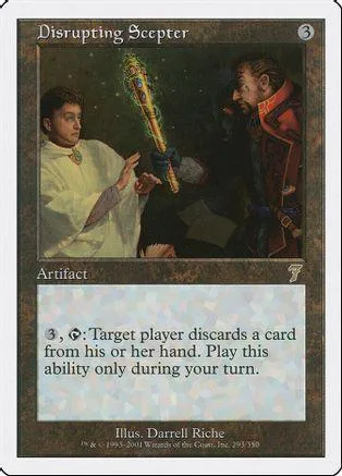 Card art shows two figures; one holds a glowing staff. Disrupting Scepter artifact.
