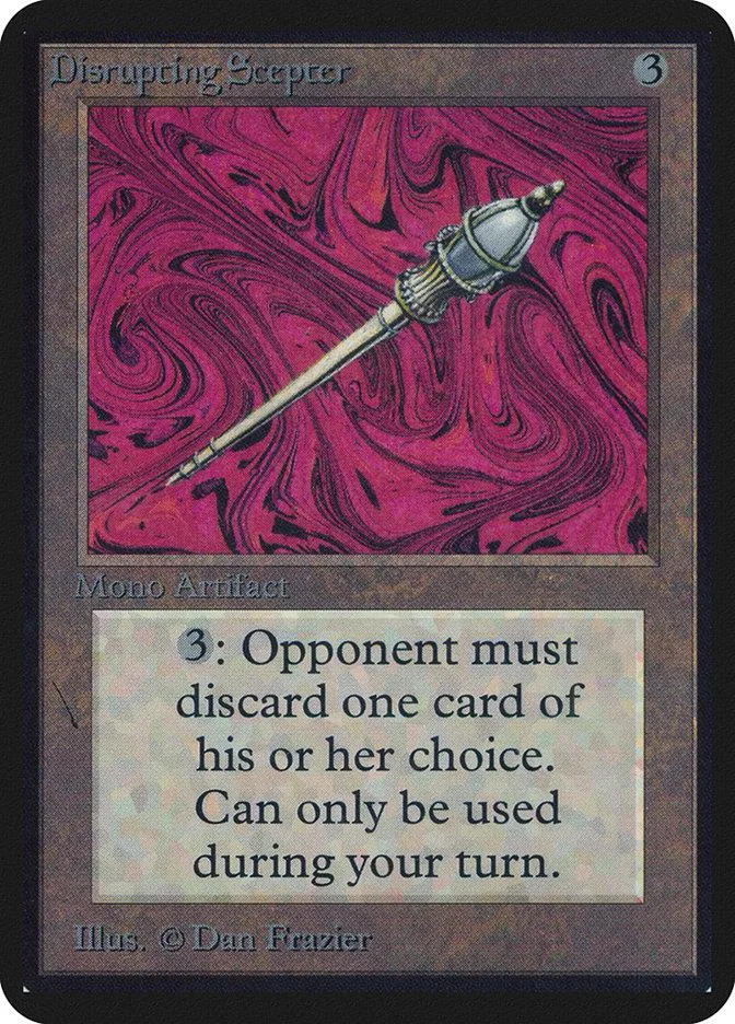 Silver scepter on swirling pink and purple background. Magic: The Gathering card.