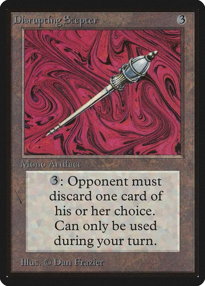 Silver scepter card art on pink marbled background. Magic: The Gathering collectible.