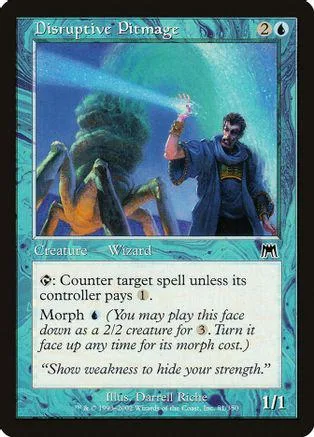 Green, blue, and black wizard creature card with glowing energy effect.