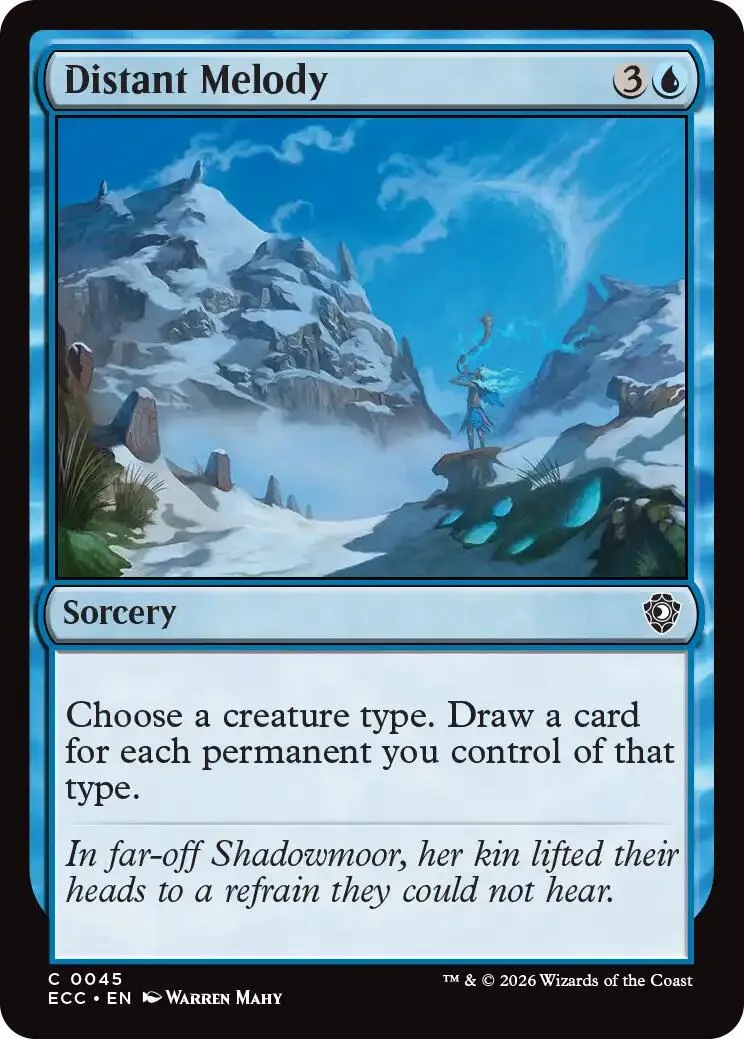 Blue and white landscape card art for "Distant Melody" sorcery.
