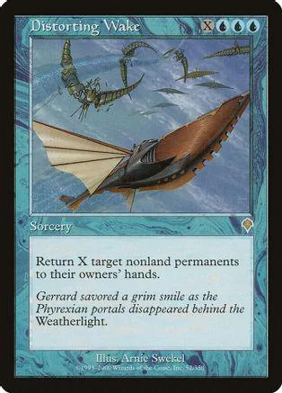 Large, dark, winged creature over blue water on a Magic: The Gathering card.